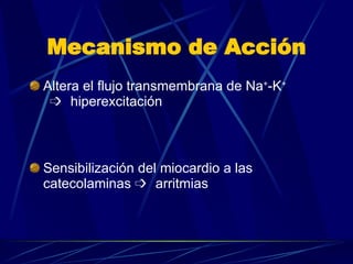 Mecanismo de Acción Altera el flujo transmembrana de Na + -K +   hiperexcitación Sensibilización del miocardio a las catecolaminas   arritmias 