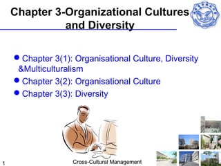 Chapter 3-Organizational Cultures
              and Diversity

    Chapter 3(1): Organisational Culture, Diversity
     &Multiculturalism
    Chapter 3(2): Organisational Culture
    Chapter 3(3): Diversity




1                  Cross-Cultural Management
 