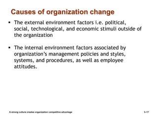Causes of organization change
A strong culture creates organization competitive advantage 3–17
 The external environment factors i.e. political,
social, technological, and economic stimuli outside of
the organization
 The internal environment factors associated by
organization’s management policies and styles,
systems, and procedures, as well as employee
attitudes.
 