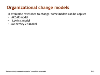 Organizational change models
A strong culture creates organization competitive advantage 3–23
In overcome resistance to change, some models can be applied
• AKDAR model
• Lewin’s model
• Mc Kensey 7’s model
 