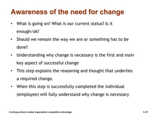 Awareness of the need for change
A strong culture creates organization competitive advantage 3–27
• What is going on? What is our current status? Is it
enough/ok?
• Should we remain the way we are or something has to be
done?
• Understanding why change is necessary is the first and main
key aspect of successful change
• This step explains the reasoning and thought that underlies
a required change.
• When this step is successfully completed the individual
(employee) will fully understand why change is necessary
 