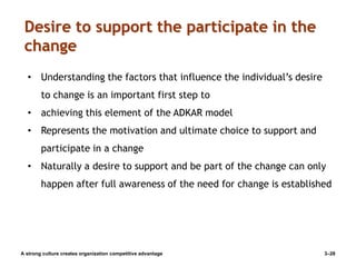 Desire to support the participate in the
change
A strong culture creates organization competitive advantage 3–28
• Understanding the factors that influence the individual’s desire
to change is an important first step to
• achieving this element of the ADKAR model
• Represents the motivation and ultimate choice to support and
participate in a change
• Naturally a desire to support and be part of the change can only
happen after full awareness of the need for change is established
 