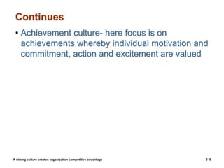 Continues
• Achievement culture- here focus is on
achievements whereby individual motivation and
commitment, action and excitement are valued
3–5
A strong culture creates organization competitive advantage
 