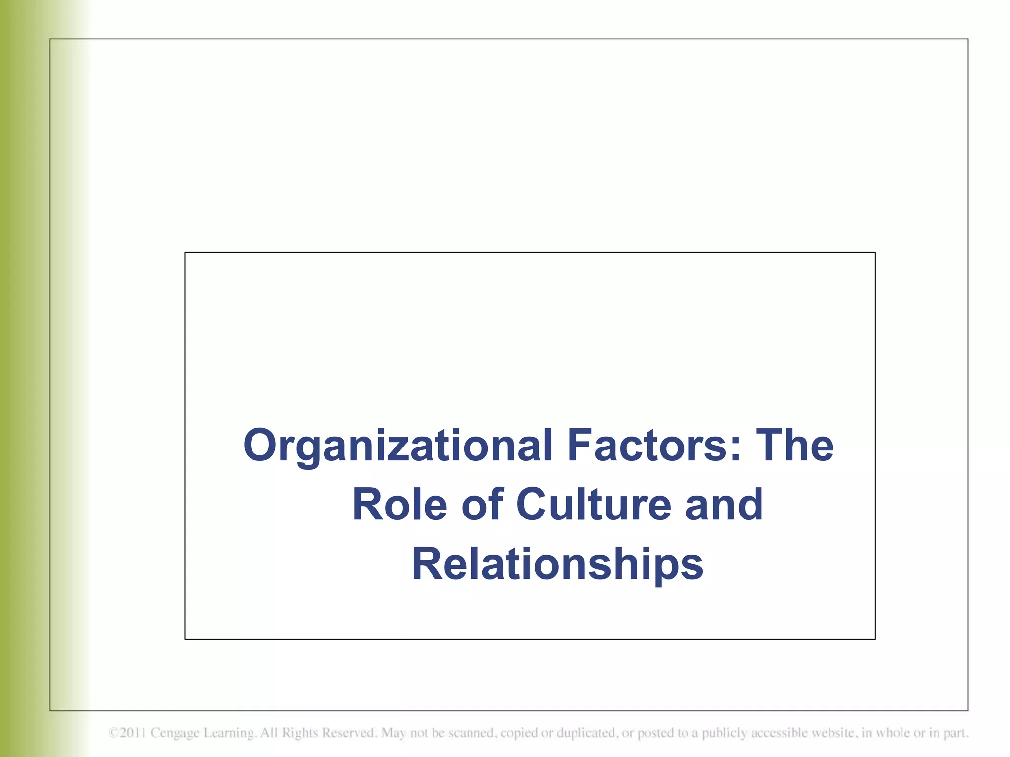 Organizational Factors: The
Role of Culture and
Relationships
C H A P T E R 7