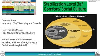 www.orgcmf.com/bok
Comfort Zone
relative to DSMT Learning and Growth
Note aspects of earlier Phases
mixed up in Growth Zone, so better
Definition through DSMT
However, DSMT says
Fear Zone exists for each Culture
Stabilization Level 3a/
Comfort/ Social Culture
 