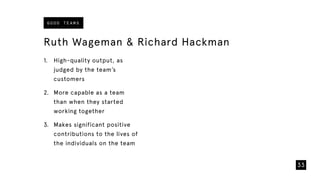 1. High-quality output, as
judged by the team’s
customers
2. More capable as a team
than when they started
working together
3. Makes significant positive
contributions to the lives of
the individuals on the team
Wageman, Hackman & Lehman
33
G O O D T E A M S
 