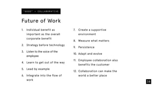 1. Individual benefit as
important as the overall
corporate benefit
2. Strategy before technology
3. Listen to the voice of the
employee
4. Learn to get out of the way
5. Lead by example
6. Integrate into the flow of
work
7. Create a supportive
environment
8. Measure what matters
9. Persistence
10. Adapt and evolve
11. Employee collaboration also
benefits the customer
12. Collaboration can make the
world a better place
Future of Work
38
“ G O O D ” = C O L L A B O R A T I V E
 