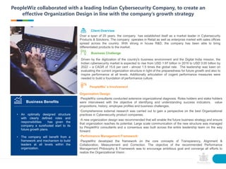 PeopleWiz collaborated with a leading Indian Cybersecurity Company, to create an
effective Organization Design in line with the company’s growth strategy
Driven by the digitization of the country's business environment and the Digital India mission, the
Indian cybersecurity market is expected to rise from USD 1.97 billion in 2019 to USD 3.05 billion by
2022 – a CAGR of 15.6 per cent - almost 1.5 times the global rate. The leadership was keen on
evaluating the current organization structure in light of the preparedness for future growth and also to
inspire performance at all levels. Additionally articulation of cogent performance measures were
needed to build a foundation of performance culture.
Business Challenge
Organization Design:
•PeopleWiz consultants conducted extensive organizational diagnosis. Roles holders and stake holders
were interviewed with the objective of identifying and understanding success indicators, value
propositions, history, employee profiles and business challenges.
•Comprehensive external research was carried out to gain a perspective on the best Organizational
practices in Cybersecurity product companies.
•A new organization design was recommended that will enable the future business strategy and ensure
that organization reaches its potential. Large scale communication of the new structure was managed
by PeopleWiz consultants and a consensus was built across the entire leadership team on the way
forward.
•Performance Management Framework:
•PeopleWiz developed the framework on the core concepts of Transparency, Alignment &
Collaboration, Measurement and Correction. The objective of the recommended Performance
Management Philosophy & Framework was to encourage ambitious goal and converge all efforts to
realize the Organizational Vision .
PeopleWiz’s Involvement
Business Benefits
Over a span of 25 years, the company has established itself as a market leader in Cybersecurity
Products & Solutions. The company operates in Retail as well as enterprise market with sales offices
spread across the country. With strong in house R&D, the company has been able to bring
differentiated products to the market.
Client Overview
• An optimally designed structure
with clearly defined roles and
responsibilities has given the
company a surefooted start to its
future growth plans.
• The company will benefit from a
framework and mechanism to build
leaders at all levels within the
organization.
 