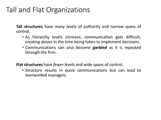 Tall and Flat Organizations
Tall structures have many levels of authority and narrow spans of
control.
• As hierarchy levels increase, communication gets difficult,
creating delays in the time being taken to implement decisions.
• Communications can also become garbled as it is repeated
through the firm.
Flat structures have fewer levels and wide spans of control.
• Structure results in quick communications but can lead to
overworked managers.
© Copyright 2004 McGraw-Hill. All rights reserved. 7–22
 