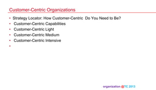 Customer-Centric Organizations
• 
• 
• 
• 
• 
• 

Strategy Locator: How Customer-Centric Do You Need to Be?
Customer-Centric Capabilities
Customer-Centric Light
Customer-Centric Medium
Customer-Centric Intensive

organization @TC 2013 	

 