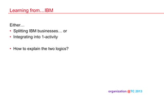 Learning from…IBM
Either…
•  Splitting IBM businesses… or
•  Integrating into 1-activity
•  How to explain the two logics?

organization @TC 2013 	

 