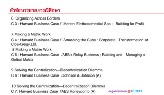 หัวข้อบรรยาย/กรณีศึกษา
6 Organizing Across Borders
C 3 : Harvard Business Case / Merloni Elettrodomestici Spa : Building for Profit
7 Making a Matrix Work
C 4 : Harvard Business Case / Smashing the Cube : Corporate Transformation at
Ciba-Geigy,Ltd.
8 Making a Matrix Work
C 5 : Harvard Business Case /ABB’s Relay Business ; Building and Managing a
Golbal Matrix
9 Solving the Centralization—Decentralization Dilemma
C 6 : Harvard Business Case /Johnson & Johnson (A)
10 Solving the Centralization—Decentralization Dilemma
organization @TC 2013 	
C 7: Harvard Business Case /AES Honeycomb (A)

 