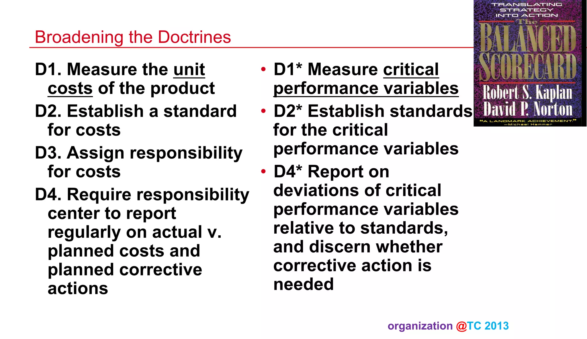Broadening the Doctrines
D1. Measure the unit
•  D1* Measure critical
costs of the product
performance variables
D2. Establish a standard •  D2* Establish standards
for costs
for the critical
performance variables
D3. Assign responsibility
for costs
•  D4* Report on
D4. Require responsibility deviations of critical
performance variables
center to report
relative to standards,
regularly on actual v.
and discern whether
planned costs and
corrective action is
planned corrective
needed
actions
organization @TC 2013 	

 