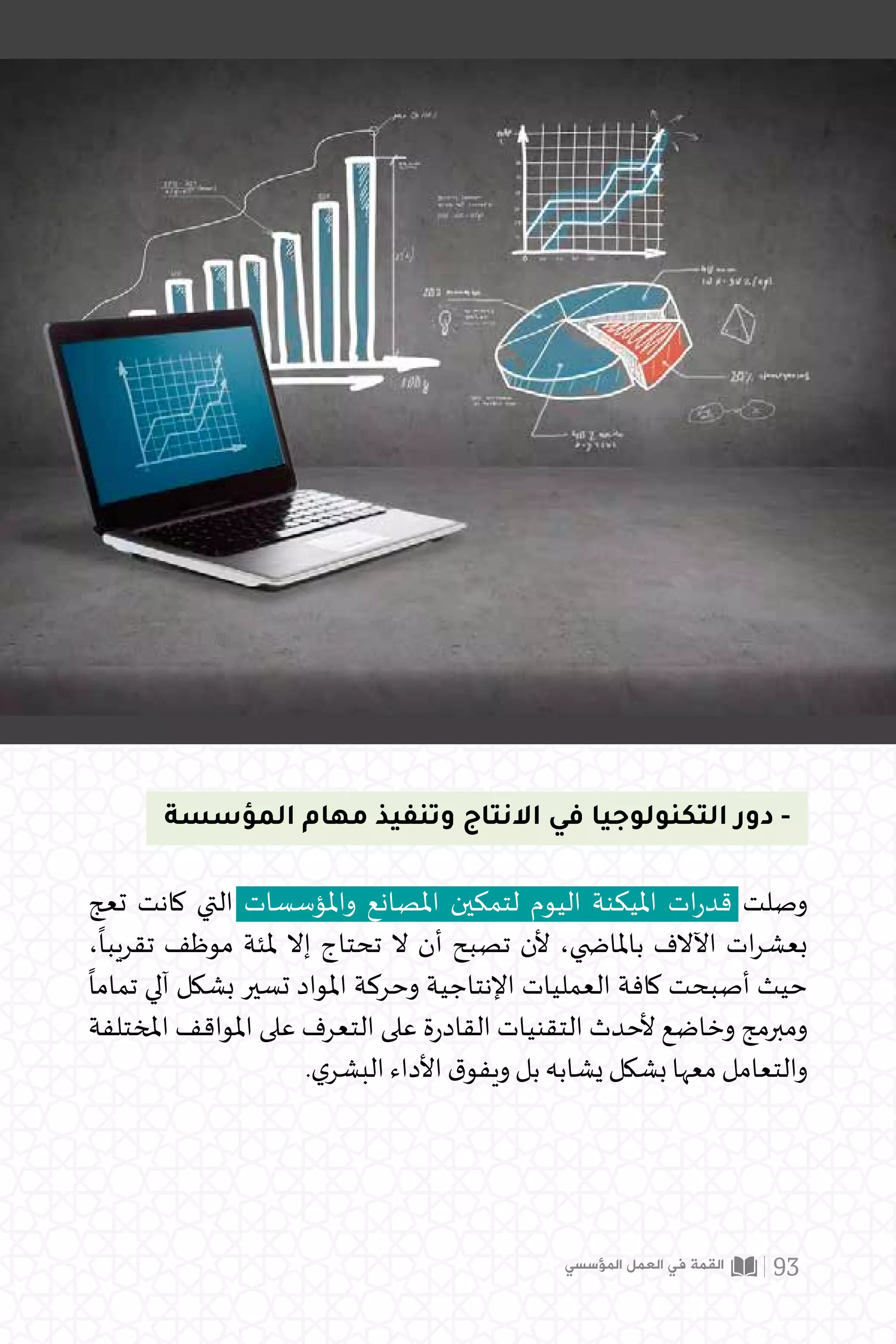 ‫المؤسسة‬ ‫مهام‬ ‫وتنفيذ‬ ‫االنتاج‬ ‫في‬ ‫التكنولوجيا‬ ‫دور‬ -
‫تعج‬ ‫كانت‬ ‫التي‬ ‫واملؤسسات‬ ‫املصانع‬ ‫لتمكين‬ ‫اليوم‬ ‫امليكنة‬ ‫ات‬‫ر‬‫قد‬ ‫وصلت‬
،
ً
‫تقريبا‬ ‫موظف‬ ‫ملئة‬ ‫إال‬ ‫تحتاج‬ ‫ال‬ ‫أن‬ ‫تصبح‬ ‫ألن‬ ،‫باملا�ضي‬ ‫اآلالف‬ ‫ات‬‫ر‬‫بعش‬
ً
‫تماما‬ ‫آلي‬ ‫بشكل‬ ‫تسير‬ ‫املواد‬ ‫وحركة‬ ‫اإلنتاجية‬ ‫العمليات‬ ‫كافة‬ ‫أصبحت‬ ‫حيث‬
‫املختلفة‬ ‫املواقف‬ ‫على‬ ‫التعرف‬ ‫على‬ ‫ة‬‫ر‬‫القاد‬ ‫التقنيات‬ ‫ألحدث‬ ‫وخاضع‬ ‫ومبرمج‬
.‫ي‬‫البشر‬ ‫األداء‬ ‫ق‬‫ويفو‬ ‫بل‬ ‫يشابه‬ ‫بشكل‬ ‫معها‬ ‫والتعامل‬
‫المؤسسي‬ ‫العمل‬ ‫في‬ ‫القمة‬ 93
 