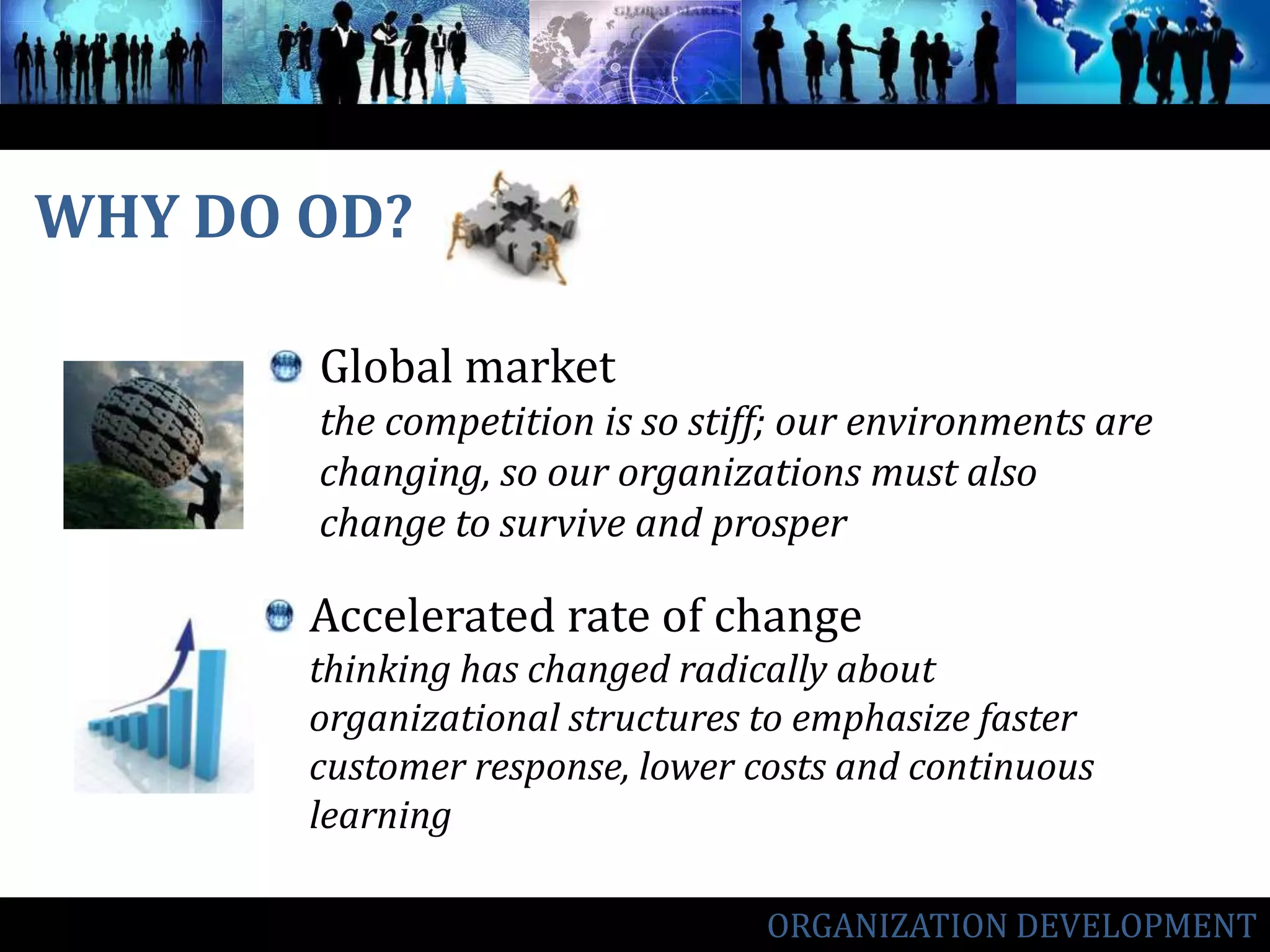 WHY DO OD? Global marketthe competition is so stiff; our environments are changing, so our organizations must also change to survive and prosperAccelerated rate of changethinking has changed radically about organizational structures to emphasize faster customer response, lower costs and continuous learningORGANIZATION DEVELOPMENT