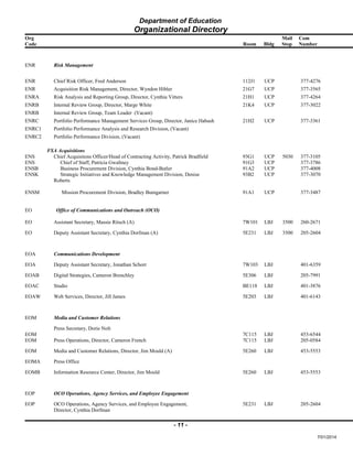 Department of Education
Organizational Directory
Org Mail Com
Code Room Bldg Stop Number
ENR Risk Management
ENR Chief Risk Officer, Fred Anderson 112J1 UCP 377-4276
ENR Acquisition Risk Management, Director, Wyndon Hibler 21G7 UCP 377-3565
ENRA Risk Analysis and Reporting Group, Director, Cynthia Vitters 21H1 UCP 377-4264
ENRB Internal Review Group, Director, Marge White 21K4 UCP 377-3022
ENRB Internal Review Group, Team Leader (Vacant)
ENRC Portfolio Performance Management Services Group, Director, Janice Habash 21H2 UCP 377-3361
ENRC1 Portfolio Performance Analysis and Research Division, (Vacant)
ENRC2 Portfolio Performance Division, (Vacant)
FSA Acquisitions
ENS Chief Acquisitons Officer/Head of Contracting Activity, Patrick Bradfield 93G1 UCP 5030 377-3105
ENS Chief of Staff, Patricia Gwaltney 91G3 UCP 377-3786
ENSB Business Procurement Division, Cynthia Bond-Butler 91A2 UCP 377-4008
ENSK Strategic Initiatives and Knowledge Management Division, Denise
Roberts
93B2 UCP 377-3070
ENSM Mission Procurement Division, Bradley Bumgarner 91A1 UCP 377-3487
EO Office of Communications and Outreach (OCO)
EO Assistant Secretary, Massie Ritsch (A) 7W101 LBJ 3500 260-2671
EO Deputy Assistant Secretary, Cynthia Dorfman (A) 5E231 LBJ 3500 205-2604
EOA Communications Development
EOA Deputy Assistant Secretary, Jonathan Schorr 7W103 LBJ 401-6359
EOAB Digital Strategies, Cameron Brenchley 5E306 LBJ 205-7991
EOAC Studio BE118 LBJ 401-3876
EOAW Web Services, Director, Jill James 5E203 LBJ 401-6143
EOM Media and Customer Relations
EOM
Press Secretary, Dorie Nolt
7C115 LBJ 453-6544
EOM Press Operations, Director, Cameron French 7C115 LBJ 205-0584
EOM Media and Customer Relations, Director, Jim Mould (A) 5E260 LBJ 453-5553
EOMA Press Office
EOMB Information Resource Center, Director, Jim Mould 5E260 LBJ 453-5553
EOP OCO Operations, Agency Services, and Employee Engagement
EOP OCO Operations, Agency Services, and Employee Engagement,
Director, Cynthia Dorfman
5E231 LBJ 205-2604
- 11 -
7/01/2014
 