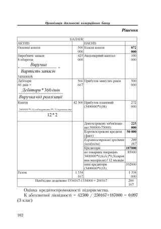 Організація діяльності комерційного банку
102
Рішення
Оцінка кредитоспроможності підприємства.
К абсолютної ліквідності = 42500 / 250167+187000 = 0,097
(3 клас)
 