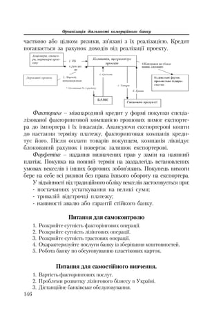 Організація діяльності комерційного банку
146
частково або цілком ризики, зв’язані з їх реалізацією. Кредит
погашається за рахунок доходів від реалізації проекту.
Факторинг – міжнародний кредит у формі покупки спеціа
лізованої факторинговой компанією грошових вимог експорте
ра до імпортера і їх інкасація. Авансуючи експортерові кошти
до настання терміну платежу, факторинговая компанія креди
тує його. Після оплати товарів покупцем, компанія ліквідує
блокований рахунок і повертає залишок експортерові.
Форфетінг – надання визначених прав у замін на наявний
платіж. Покупка на повний термін на заздалегідь встановлених
умовах векселів і інших боргових зобов’язань. Покупець вимоги
бере на себе всі ризики без права їхнього обороту на експортера.
У відмінності від традиційного обліку векселів застосовується при:
постачаннях устаткування на великі суми;
тривалій відстрочці платежу;
наявності авалю або гарантії стійкого банку.
Питання для самоконтролю
1. Розкрийте сутність факторінгових операції.
2. Розкрийте сутність лізінгових операції.
3. Розкрийте сутність трастових операції.
4. Охарактеризуйте послуги банку із зберігання коштовностей.
5. Робота банку по обсуговуванню пластікових карток.
Питання для самостійного вивчення.
1. Вартість факторингових послуг.
2. Проблеми розвитку лізінгового бізнесу в Україні.
3. Дістанційне банківське обслуговування.
 