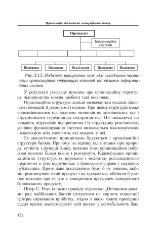 Організація діяльності комерційного банку
152
ɉɪɟɡɢɞɟɧɬ
ȱɧɮɨɪɦɚɰɿɣɧɿ
ɫɢɫɬɟɦɢ
ȼɿɞɞɿɥɟɧɧɹ ȼɿɞɞɿɥɟɧɧɹ ȼɿɞɞɿɥɟɧɧɹȼɿɞɞɿɥɟɧɧɹ ȼɿɞɞɿɥɟɧɧɹ
Рис. 2.1.5. Подальше руйнування меж між складовими части
нами організаційної структури компанії під впливом інформац
ійних систем
У результаті розгляду питання про організаційну структу
ру підприємства можна зробити такі висновки.
Організаційна структура завжди визначається видами діяль
ності компанії, її розмірами і цілями. При цьому структура може
видозмінюватися під впливом чинників як зовнішнього, так і
внутрішнього середовища підприємства. Не зважаючи на
кількість підрозділів підприємства і їх структурну розстановку,
успішне функціонування системи визначається взаємозв’язком
і взаємодією всіх елементів, що входять у неї.
За аналогічними принципами будуються і організаційні
структури банків. Причому на відміну від питання про приро
ду, сутність і функції банку, питання його організаційної побу
дови вивчене більш повно і розгорнуто. Класифікація органі
заційних структур, їх переваги і недоліки розглядаються
практично в усіх підручниках з банківської справи і наукових
публікаціях. Проте дане дослідження було б не повним, якби
ми, розглянувши який продукт і як продається, обійшли б ува
гою питання про те, хто є конкретним продавцем конкретного
банківського продукту.
Пітер С. Роуз із цього приводу відзначає: „Останніми рока
ми ряд найбільших банків схилилися на користь концепції
центрів отримання прибутку, згідно з якою кожен провідний
відділ прагне максимізувати свій внесок у рентабельність бан
 