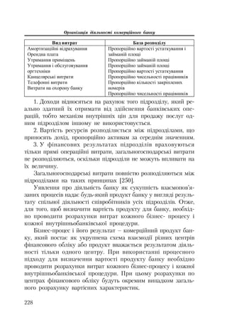 Організація діяльності комерційного банку
228
1. Доходи відносяться на рахунок того підрозділу, який ре
ально здатний їх отримати від здійснення банківських опе
рацій, тобто механізм внутрішніх цін для продажу послуг од
ним підрозділом іншому не використовується.
2. Вартість ресурсів розподіляється між підрозділами, що
приносять дохід, пропорційно активам за середнім значенням.
3. У фінансових результатах підрозділів враховуються
тільки прямі операційні витрати, загальногосподарські витрати
не розподіляються, оскільки підрозділи не можуть впливати на
їх величину.
Загальногосподарські витрати повністю розподіляються між
підрозділами на таких принципах [250].
Уявлення про діяльність банку як сукупність взаємопов’я
заних процесів надає будь який продукт банку у вигляді резуль
тату спільної діяльності співробітників усіх підрозділів. Отже,
для того, щоб визначити вартість продукту для банку, необхід
но проводити розрахунки витрат кожного бізнес процесу і
кожної внутрішньобанківської процедури.
Бізнес процес і його результат – комерційний продукт бан
ку, який постає як укрупнена схема взаємодії різних центрів
фінансового обліку або продукт вважається результатом діяль
ності тільки одного центру. При використанні процесного
підходу для визначення вартості продукту банку необхідно
проводити розрахунки витрат кожного бізнес процесу і кожної
внутрішньобанківської процедури. При цьому розрахунки по
центрах фінансового обліку будуть окремим випадком загаль
ного розрахунку вартісних характеристик.
ȼɢɞ ɜɢɬɪɚɬ Ȼɚɡɚ ɪɨɡɩɨɞɿɥɭ
Ⱥɦɨɪɬɢɡɚɰɿɣɧɿ ɜɿɞɪɚɯɭɜɚɧɧɹ
Ɉɪɟɧɞɧɚ ɩɥɚɬɚ
ɍɬɪɢɦɚɧɧɹ ɩɪɢɦɿɳɟɧɶ
ɍɬɪɢɦɚɧɧɹ ɿ ɨɛɫɥɭɝɨɜɭɜɚɧɧɹ
ɨɪɝɬɟɯɧɿɤɢ
Ʉɚɧɰɟɥɹɪɫɶɤɿ ɜɢɬɪɚɬɢ
Ɍɟɥɟɮɨɧɧɿ ɜɢɬɪɚɬɢ
ȼɢɬɪɚɬɢ ɧɚ ɨɯɨɪɨɧɭ ɛɚɧɤɭ
ɉɪɨɩɨɪɰɿɣɧɨ ɜɚɪɬɨɫɬɿ ɭɫɬɚɬɤɭɜɚɧɧɹ ɿ
ɡɚɣɦɚɧɿɣ ɩɥɨɳɿ
ɉɪɨɩɨɪɰɿɣɧɨ ɡɚɣɦɚɧɿɣ ɩɥɨɳɿ
ɉɪɨɩɨɪɰɿɣɧɨ ɡɚɣɦɚɧɿɣ ɩɥɨɳɿ
ɉɪɨɩɨɪɰɿɣɧɨ ɜɚɪɬɨɫɬɿ ɭɫɬɚɬɤɭɜɚɧɧɹ
ɉɪɨɩɨɪɰɿɣɧɨ ɱɢɫɟɥɶɧɨɫɬɿ ɩɪɚɰɿɜɧɢɤɿɜ
ɉɪɨɩɨɪɰɿɣɧɨ ɤɿɥɶɤɨɫɬɿ ɡɚɤɪɿɩɥɟɧɢɯ
ɧɨɦɟɪɿɜ
ɉɪɨɩɨɪɰɿɣɧɨ ɱɢɫɟɥɶɧɨɫɬɿ ɩɪɚɰɿɜɧɢɤɿɜ
 