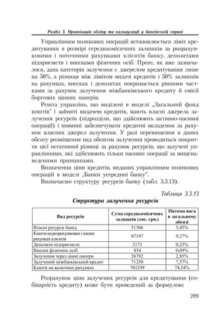 289
Розділ 3. Організація обліку та калькуляції у банківській справі
Управлінням позикових операцій встановлюється ліміт кре
дитування в розмірі середньомісячних залишків за розрахун
ковими і поточними рахунками клієнтів банку, депозитами
підприємств і внесками фізичних осіб. Проте, як вже зазнача
лося, дана категорія залучення є джерелом кредитування лише
на 50%, а різниця між лімітом видачі кредитів і 50% залишків
на рахунках, внесках і депозитах покривається рівними част
ками за рахунок залучення міжбанківського кредиту й емісії
боргових цінних паперів.
Решта управлінь, що виділені в моделі „Загальний фонд
коштів” і зайняті видачею кредитів, мають власні джерела за
лучення ресурсів (підрозділи, що здійснюють активно пасивні
операції) і повинні забезпечувати кредитні вкладення за раху
нок власних джерел залучення. У разі перевищення в даних
обсягу розміщення над обсягом залучення проводиться покрит
тя цієї негативної різниці за рахунок ресурсів, що залучені уп
равліннями, які здійснюють тільки пасивні операції за вищена
веденими принципами.
Визначення ціни кредитів, виданих управлінням позикових
операцій в моделі „Банки усередині банку”.
Визначаємо структуру ресурсів банку (табл. 3.3.13).
Таблиця 3.3.13
Структура залучення ресурсів
ȼɢɞ ɪɟɫɭɪɫɿɜ
ɋɭɦɚ ɫɟɪɟɞɧɶɨɦɿɫɹɱɧɢɯ
ɡɚɥɢɲɤɿɜ (ɬɢɫ. ɝɪɧ.)
ɉɢɬɨɦɚ ɜɚɝɚ
ɜ ɡɚɝɚɥɶɧɨɦɭ
ɨɛɫɹɡɿ
ȼɥɚɫɧɿ ɪɟɫɭɪɫɢ ɛɚɧɤɭ 51306 5,45%
Ʉɨɲɬɢ ɧɚɪɨɡɪɚɯɭɧɤɨɜɢɯ ɿ ɿɧɲɢɯ
ɪɚɯɭɧɤɚɯ ɤɥɿɽɧɬɿɜ
87197 9,27%
Ⱦɟɩɨɡɢɬɢ ɩɿɞɩɪɢɽɦɫɬɜ 2173 0,23%
ȼɧɟɫɤɢ ɮɿɡɢɱɧɢɯ ɨɫɿɛ 854 0,09%
Ɂɚɥɭɱɟɧɧɹ ɱɟɪɟɡ ɰɿɧɧɿ ɩɚɩɟɪɢ 26792 2,85%
Ɂɚɥɭɱɟɧɢɣ ɦɿɠɛɚɧɤɿɜɫɶɤɢɣ ɤɪɟɞɢɬ 71250 7,57%
Ʉɨɲɬɢ ɧɚ ɜɚɥɸɬɧɢɯ ɪɚɯɭɧɤɚɯ 701299 74,54%
Розрахунок ціни залучених ресурсів для кредитування (со
бівартість кредиту) може бути проведений за формулою:
 