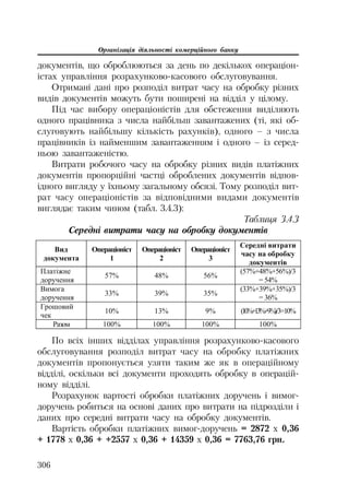 Організація діяльності комерційного банку
306
документів, що оброблюються за день по декількох операціон
істах управління розрахунково касового обслуговування.
Отримані дані про розподіл витрат часу на обробку різних
видів документів можуть бути поширені на відділ у цілому.
Під час вибору операціоністів для обстеження виділяють
одного працівника з числа найбільш завантажених (ті, які об
слуговують найбільшу кількість рахунків), одного – з числа
працівників із найменшим завантаженням і одного – із серед
ньою завантаженістю.
Витрати робочого часу на обробку різних видів платіжних
документів пропорційні частці оброблених документів відпов
ідного вигляду у їхньому загальному обсязі. Тому розподіл вит
рат часу операціоністів за відповідними видами документів
виглядає таким чином (табл. 3.4.3):
Таблиця 3.4.3
Середні витрати часу на обробку документів
По всіх інших відділах управління розрахунково касового
обслуговування розподіл витрат часу на обробку платіжних
документів пропонується узяти таким же як в операційному
відділі, оскільки всі документи проходять обробку в операцій
ному відділі.
Розрахунок вартості обробки платіжних доручень і вимог
доручень робиться на основі даних про витрати на підрозділи і
даних про середні витрати часу на обробку документів.
Вартість обробки платіжних вимог доручень = 2872 х 0,36
+ 1778 х 0,36 + +2557 х 0,36 + 14359 х 0,36 = 7763,76 грн.
ȼɢɞ
ɞɨɤɭɦɟɧɬɚ
Ɉɩɟɪɚɰɿɨɧɿɫɬ
1
Ɉɩɟɪɚɰɿɨɧɿɫɬ
2
Ɉɩɟɪɚɰɿɨɧɿɫɬ
3
ɋɟɪɟɞɧɿ ɜɢɬɪɚɬɢ
ɱɚɫɭ ɧɚ ɨɛɪɨɛɤɭ
ɞɨɤɭɦɟɧɬɿɜ
ɉɥɚɬɿɠɧɟ
ɞɨɪɭɱɟɧɧɹ
57% 48% 56%
(57%+48%+56%)/3
= 54%
ȼɢɦɨɝɚ
ɞɨɪɭɱɟɧɧɹ
33% 39% 35%
(33%+39%+35%)/3
= 36%
Ƚɪɨɲɨɜɢɣ
ɱɟɤ
10% 13% 9% (10%+13%+9%)/3=10%
Ɋɚɡɨɦ 100% 100% 100% 100%
 