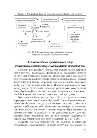 47
Розділ 1. Комерційний банк як основний елемент банківської системи
ȼɄɅȺȾɇɂɄɂ ɉɈɁɂɑȺɅɖɇɂɄɂ
Ɉɬɪɢɦɚɧɧɹ ɩɪɢɛɭɬɤɭ
Ʉɨɦɟɪɰɿɣɧɢɣ ɛɚɧɤ
Ɇɚɤɪɨɟɤɨɧɨɦɿɱɧɿ ɮɭɧɤɰɿʀ
Ɉɪɝɚɧɿɡɚɰɿɹ
ɪɨɡɪɚɯɭɧɤɿɜ
ɉɟɪɟɪɨɡɩɨɞɿɥ
ɝɪɨɲɨɜɢɯ ɤɨɲɬɿɜ
Ɇɿɤɪɨɟɤɨɧɨɦɿɱɧɿ ɮɭɧɤɰɿʀ
Ȼɟɡɝɨɬɿɜɤɨɜɿ
ɪɨɡɪɚɯɭɧɤɢ
Ƚɨɬɿɜɤɨɜɿ
ɪɨɡɪɚɯɭɧɤɢ
ɉɨɫɥɭɝɢ ɞɥɹ
ɜɤɥɚɞɧɢɤɿɜ
ɉɨɫɥɭɝɢ ɞɥɹ
ɩɨɡɢɱɚɥɶɧɢɤɿɜ
ɋɩɟɤɭɥɹɬɢɜɧɿ
ɨɩɟɪɚɰɿʀ ɧɚ
ɜɚɥɸɬɧɨɦɭ ɿ
ɮɨɧɞɨɜɨɦɭ
ɪɢɧɤɚɯ
Рис. 1.2.1. Взаємозв’язок суті, функцій і основних
напрямів діяльності комерційного банку
3. Взаємозв’язок продуктового ряду
комерційного банку з його організаційною структурою.
Говорячи про цілісність банку, слід зазначити, що всередині
нього існують підрозділи, орієнтовані на реалізацію окремих
послуг, які працюють відносно автономно один від одного.
Проте від цього вони не стають самостійними банками і можуть
функціонувати тільки всередині єдиного цілісного організму,
яким виступає комерційний банк. Відносна автономність фун
кціонування підрозділів дозволяє розглядати комерційний
банк або його філіал як систему, що складається з підсистем –
відділів і управлінь, кожне з яких має свої продукти.
Розглядаючи банк як систему, слід ураховувати загальні
характеристики, що властиві будь якій системі незалежно від
рівня дослідження і виду даної системи. А саме: „...ціле не є
просто комбінацією своїх підсистем, але володіє властивостя
ми, яких немає ні у однієї з частин окремо. При системному
підході елементи розглядаються як динамічне ціле. Ціле вва
жається більш важливим, ніж частини; процесу надається пе
ревага над елементами, що його складають” [74, с. 19 20].
Відкрита система знаходиться під впливом зовнішнього
середовища і сама здійснює на нього певну дію, при цьому до
 