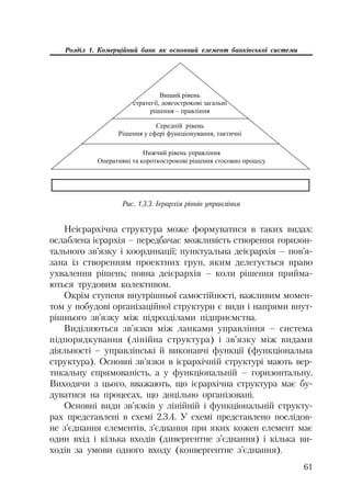 61
Розділ 1. Комерційний банк як основний елемент банківської системи
ȼɢɳɢɣ ɪɿɜɟɧɶ
ɫɬɪɚɬɟɝɿʀ, ɞɨɜɝɨɫɬɪɨɤɨɜɿ ɡɚɝɚɥɶɧɿ
ɪɿɲɟɧɧɹ – ɩɪɚɜɥɿɧɧɹ
ɋɟɪɟɞɧɿɣ ɪɿɜɟɧɶ
Ɋɿɲɟɧɧɹ ɭ ɫɮɟɪɿ ɮɭɧɤɰɿɨɧɭɜɚɧɧɹ, ɬɚɤɬɢɱɧɿ
ɇɢɠɱɢɣ ɪɿɜɟɧɶ ɭɩɪɚɜɥɿɧɧɹ
Ɉɩɟɪɚɬɢɜɧɿ ɬɚ ɤɨɪɨɬɤɨɫɬɪɨɤɨɜɿ ɪɿɲɟɧɧɹ ɫɬɨɫɨɜɧɨ ɩɪɨɰɟɫɭ
Рис. 1.3.3. Ієрархія рівнів управління
Неієрархічна структура може формуватися в таких видах:
ослаблена ієрархія – передбачає можливість створення горизон
тального зв’язку і координації; пунктуальна деієрархія – пов’я
зана із створенням проектних груп, яким делегується право
ухвалення рішень; повна деієрархія – коли рішення прийма
ються трудовим колективом.
Окрім ступеня внутрішньої самостійності, важливим момен
том у побудові організаційної структури є види і напрями внут
рішнього зв’язку між підрозділами підприємства.
Виділяються зв’язки між ланками управління – система
підпорядкування (лінійна структура) і зв’язку між видами
діяльності – управлінські й виконавчі функції (функціональна
структура). Основні зв’язки в ієрархічній структурі мають вер
тикальну спрямованість, а у функціональній – горизонтальну.
Виходячи з цього, вважають, що ієрархічна структура має бу
дуватися на процесах, що доцільно організовані.
Основні види зв’язків у лінійній і функціональній структу
рах представлені в схемі 2.3.4. У схемі представлено послідов
не з’єднання елементів, з’єднання при яких кожен елемент має
один вхід і кілька входів (дивергентне з’єднання) і кілька ви
ходів за умови одного входу (конвергентне з’єднання).
 