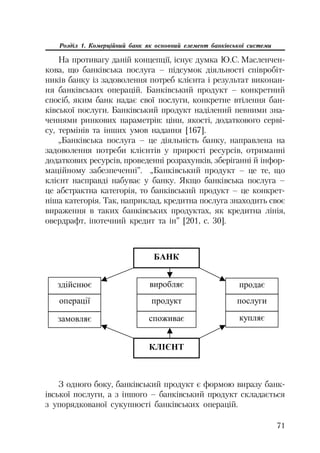 71
Розділ 1. Комерційний банк як основний елемент банківської системи
На противагу даній концепції, існує думка Ю.С. Масленчен
кова, що банківська послуга – підсумок діяльності співробіт
ників банку із задоволення потреб клієнта і результат виконан
ня банківських операцій. Банківський продукт – конкретний
спосіб, яким банк надає свої послуги, конкретне втілення бан
ківської послуги. Банківський продукт наділений певними зна
ченнями ринкових параметрів: ціни, якості, додаткового серві
су, термінів та інших умов надання [167].
„Банківська послуга – це діяльність банку, направлена на
задоволення потреби клієнтів у прирості ресурсів, отриманні
додаткових ресурсів, проведенні розрахунків, зберіганні й інфор
маційному забезпеченні”. „Банківський продукт – це те, що
клієнт насправді набуває у банку. Якщо банківська послуга –
це абстрактна категорія, то банківський продукт – це конкрет
ніша категорія. Так, наприклад, кредитна послуга знаходить своє
вираження в таких банківських продуктах, як кредитна лінія,
овердрафт, іпотечний кредит та ін” [201, с. 30].
ȻȺɇɄ
ɜɢɪɨɛɥɹɽ
ɩɪɨɞɭɤɬ
ɫɩɨɠɢɜɚɽ
ɄɅȱȯɇɌ
ɡɞɿɣɫɧɸɽ
ɨɩɟɪɚɰɿʀ
ɡɚɦɨɜɥɹɽ
ɩɪɨɞɚɽ
ɩɨɫɥɭɝɢ
ɤɭɩɥɹɽ
З одного боку, банківський продукт є формою виразу банк
івської послуги, а з іншого – банківський продукт складається
з упорядкованої сукупності банківських операцій.
 