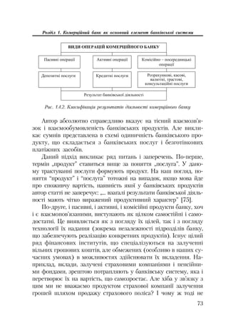73
Розділ 1. Комерційний банк як основний елемент банківської системи
ȼɂȾɂ ɈɉȿɊȺɐȱɃ ɄɈɆȿɊɐȱɃɇɈȽɈ ȻȺɇɄɍ
ɉɚɫɢɜɧɿ ɨɩɟɪɚɰɿʀ Ⱥɤɬɢɜɧɿ ɨɩɟɪɚɰɿʀ Ʉɨɦɿɫɿɣɧɨ – ɩɨɫɟɪɟɞɧɢɰɶɤɿ
ɨɩɟɪɚɰɿʀ
Ⱦɟɩɨɡɢɬɧɿ ɩɨɫɥɭɝɢ Ʉɪɟɞɢɬɧɿ ɩɨɫɥɭɝɢ Ɋɨɡɪɚɯɭɧɤɨɜɿ, ɤɚɫɨɜɿ,
ɜɚɥɸɬɧɿ, ɬɪɚɫɬɨɜɿ,
ɤɨɧɫɭɥɶɬɚɰɿɣɧɿ ɩɨɫɥɭɝɢ
Ɋɟɡɭɥɶɬɚɬ ɛɚɧɤɿɜɫɶɤɨʀ ɞɿɹɥɶɧɨɫɬɿ
Рис. 1.4.2. Класифікація результатів діяльності комерційного банку
Автор абсолютно справедливо вказує на тісний взаємозв’я
зок і взаємообумовленість банківських продуктів. Але викли
кає сумнів представлена в схемі одиничність банківського про
дукту, що складається з банківських послуг і безготівкових
платіжних засобів.
Даний підхід викликає ряд питань і заперечень. По перше,
термін „продукт” ставиться вище за поняття „послуга”. У дано
му трактуванні послуги формують продукт. На наш погляд, по
няття “продукт” і “послуга” тотожні на випадок, якщо мова йде
про споживчу вартість, наявність якої у банківських продуктів
автор статті не заперечує: „... взагалі результати банківської діяль
ності мають чітко виражений продуктивний характер” [75].
По друге, і пасивні, і активні, і комісійні продукти банку, хоч
і є взаємопов’язаними, виступають як цілком самостійні і само
достатні. Це виявляється як з погляду їх цілей, так і з погляду
технології їх надання (зокрема незалежності підрозділів банку,
що забезпечують реалізацію конкретних продуктів). Існує цілий
ряд фінансових інститутів, що спеціалізуються на залученні
вільних грошових коштів, але обмежених (особливо в наших су
часних умовах) в можливостях здійснювати їх вкладення. На
приклад, вклади, залучені страховими компаніями і пенсійни
ми фондами, зрештою потрапляють у банківську систему, яка і
перетворює їх на вартість, що самозростає. Але хіба у зв’язку з
цим ми не вважаємо продуктом страхової компанії залучення
грошей шляхом продажу страхового поліса? І чому ж тоді не
 