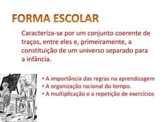 Caracteriza-se por um conjunto coerente de
traços, entre eles e, primeiramente, a
constituição de um universo separado para
a infância.

      • A importância das regras na aprendizagem
      • A organização racional do tempo.
      • A multiplicação e a repetição de exercícios
 
