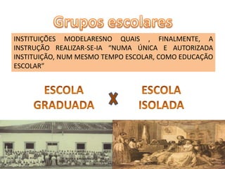 INSTITUIÇÕES MODELARESNO QUAIS , FINALMENTE, A
INSTRUÇÃO REALIZAR-SE-IA “NUMA ÚNICA E AUTORIZADA
INSTITUIÇÃO, NUM MESMO TEMPO ESCOLAR, COMO EDUCAÇÃO
ESCOLAR”
 