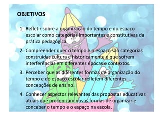 OBJETIVOS

1. Refletir sobre a organização do tempo e do espaço
   escolar como categorias importantes e constitutivas da
   prática pedagógica.
2. Compreender quer o tempo e o espaço são categorias
   construídas cultura e historicamente e que sofrem
   interferências em diferentes épocas e contextos.
3. Perceber que as diferentes formas de organização do
   tempo e do espaço escolar refletem diferentes
   concepções de ensino.
4. Conhecer aspectos relevantes das propostas educativas
   atuais que preconizam novas formas de organizar e
   conceber o tempo e o espaço na escola.
 