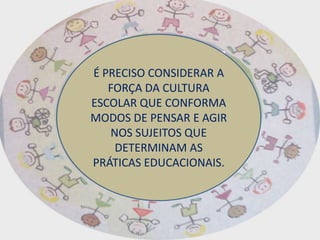 É PRECISO CONSIDERAR A
   FORÇA DA CULTURA
ESCOLAR QUE CONFORMA
MODOS DE PENSAR E AGIR
   NOS SUJEITOS QUE
    DETERMINAM AS
PRÁTICAS EDUCACIONAIS.
 