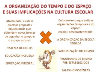 Atualmente, existem      Colocam em xeque antigas
  diversas propostas     organizações temporais e do
   educacionais que                  espaço
defendem novas formas     escolar, descaracterizando:
de organizar o tempo e
   o espaço escolar:     A ORGANIZAÇÃO DA ESCOLA
                                 SERIADA
  SISTEMA DE CICLOS
                         PADRONIZAÇÃO DO ENSINO
EDUCAÇÃO INCLUSIVA
                          PROGRAMAS DE ENSINO
 EDUCAÇÃO INTEGRAL          PRÉ-ESTABELECIDOS

                            SALAS HOMOGÊNEAS
 