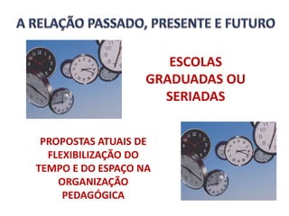 ESCOLAS
                   GRADUADAS OU
                     SERIADAS


 PROPOSTAS ATUAIS DE
  FLEXIBILIZAÇÃO DO
TEMPO E DO ESPAÇO NA
    ORGANIZAÇÃO
     PEDAGÓGICA
 
