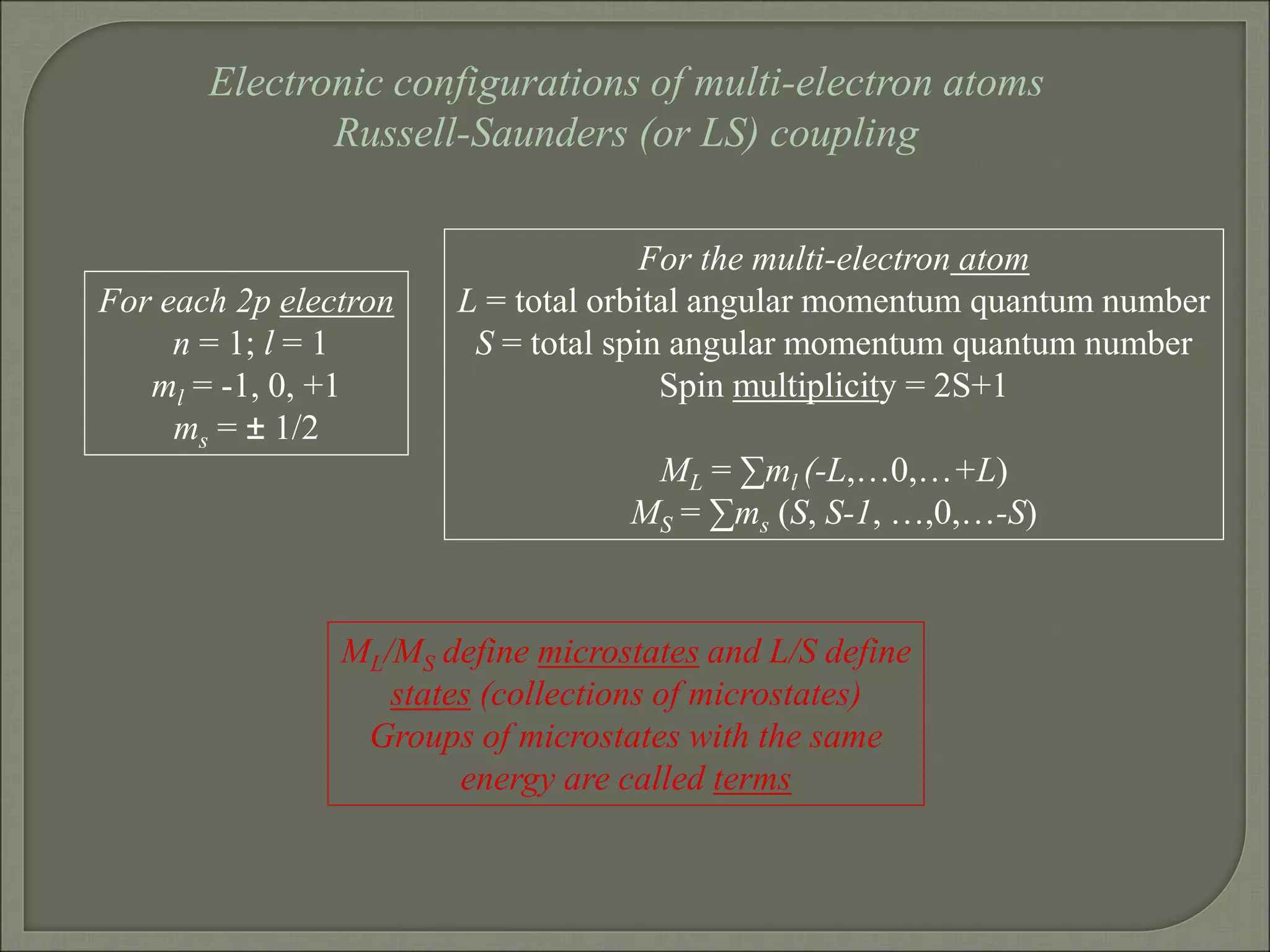 Electronic configurations of multi-electron atoms
Russell-Saunders (or LS) coupling
For each 2p electron
n = 1; l = 1
ml = -1, 0, +1
ms = ± 1/2
For the multi-electron atom
L = total orbital angular momentum quantum number
S = total spin angular momentum quantum number
Spin multiplicity = 2S+1
ML = ∑ml (-L,…0,…+L)
MS = ∑ms (S, S-1, …,0,…-S)
ML/MS define microstates and L/S define
states (collections of microstates)
Groups of microstates with the same
energy are called terms
 