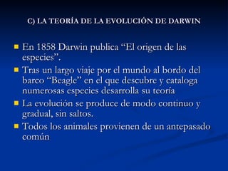 C) LA TEORÍA DE LA EVOLUCIÓN DE DARWIN En 1858 Darwin publica “El origen de las especies”. Tras un largo viaje por el mundo al bordo del barco “Beagle” en el que descubre y cataloga numerosas especies desarrolla su teoría La evolución se produce de modo continuo y gradual, sin saltos. Todos los animales provienen de un antepasado común 
