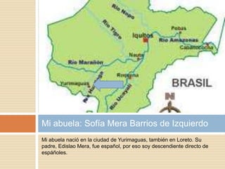 Mi abuela nació en la ciudad de Yurimaguas, también en Loreto. Su
padre, Edislao Mera, fue español, por eso soy descendiente directo de
espáñoles.
Mi abuela: Sofía Mera Barrios de Izquierdo
 