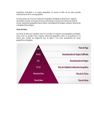 específicas atribuibles a su origen geográfico. Al menos el 85% de las uvas procede 
exclusivamente de la zona geográfica. 
En otros países los vinos con Indicación Geográfica Protegida se denominan: regional 
wine (Reino Unido), vin de pays (Francia,Luxemburgo y la provincia italiana de Valle de 
Aosta), indicazione geográfica típica (Italia), vinhoregional (Portugal), Landwein (Alemania) 
o landwijn (Países Bajos). 
Vinos de Mesa 
Los Vinos de Mesa son aquellos vinos no incluidos en ninguna zona geográfica protegida. 
Estos vinos no pueden hacer ninguna referencia geográfica sobre su procedencia y no 
tienen que cumplir las exigencias que se piden a los vinos procedentes de zonas 
geográficas protegidas. 
 