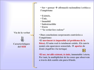 Ser = pensar    afirmació racionalista i crítica a l’empirisme Existeix. Únic. Immòbil Indestructible Etern “ la veritat ben rodona ”  Dues conclusions sorprenents contràries a l’empirisme: El  moviment és impossible  ( el problema de la física ). El món real és totalment estàtic. Els canvis només són aparences sensorials.     apories  de Zenó (Aquil·les i la tortuga)  El ser, tot allò existent, és únic , immutable i etern. Per tant, la multiplicitat de les coses que observem a través dels sentits són pura il·lusió.  Via de la veritat Característiques  del  SER 