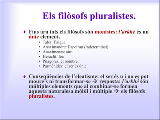 Els filòsofs pluralistes. Fins ara tots els filòsofs són  monistes :  l’arkhé  és un  únic  element. Tales: l’aigua. Anaximandre: l’apeiron (indeterminat) Anaxímenes: aire. Heràclit: foc Pitàgores: el nombre. Parmènides: el ser és únic. Conseqüències de l’eleatisme: el ser és u i no es pot moure’s ni transformar-se    resposta:  l’arkhé  són múltiples elements que al combinar-se formen aquesta naturalesa mòbil i múltiple    els filòsofs  pluralistes . 