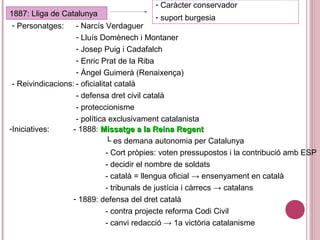 1887: Lliga de Catalunya
- Caràcter conservador
- suport burgesia
- Personatges: - Narcís Verdaguer
- Lluís Domènech i Montaner
- Josep Puig i Cadafalch
- Enric Prat de la Riba
- Àngel Guimerà (Renaixença)
- Reivindicacions: - oficialitat català
- defensa dret civil català
- proteccionisme
- política exclusivament catalanista
-Iniciatives: - 1888: Missatge a la Reina RegentMissatge a la Reina Regent
└ es demana autonomia per Catalunya
- Cort pròpies: voten pressupostos i la contribució amb ESP
- decidir el nombre de soldats
- català = llengua oficial → ensenyament en català
- tribunals de justícia i càrrecs → catalans
- 1889: defensa del dret català
- contra projecte reforma Codi Civil
- canvi redacció → 1a victòria catalanisme
 