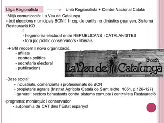 Lliga Regionalista Unió Regionalista + Centre Nacional Català
-Mitjà comunicació: La Veu de Catalunya
- èxit eleccions municipals BCN  1r cop de partits no dinàstics guanyen. Sistema
Restauració KO

- hegemonia electoral entre REPUBLICANS i CATALANISTES
- fora joc polític conservadors - liberals
-Partit modern  nova organització.
- afiliats
- centres polítics
- secretaria electoral
- publicacions
-Base social:
- industrials, comerciants i professionals de BCN
- propietaris agraris (Institut Agrícola Català de Sant Isidre, 1851. p.126-127)
- general: sectors benestants contra sistema corrupte i centralista Restauració
-programa: monàrquic i conservador
- autonomia de CAT dins l’Estat espanyol
 