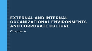 EXTERNAL AND INTERNAL
ORGANIZATIONAL ENVIRONMENTS
AND CORPORATE CULTURE
Chapter 4
 