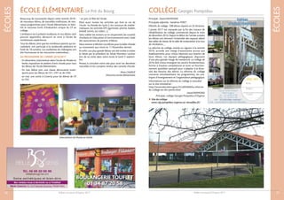 Bulletin municipal d’Orgerus 2017
ÉCOLES
27
Principal : David RAYMOND
Principale adjointe : Sandrine FERET
Effectifs du collège : 598 élèves répartis en 22 divisions.
L’année 2017 est marquée par la fin des travaux de
réhabilitation du collège commencés depuis le mois
de décembre 2014. Depuis le début de l’année scolaire
les élèves ont réinvesti l’ensemble des espaces allant
des salles de classe, de la salle de restauration à la cour
de récréation,…
La réforme du collège, entrée en vigueur à la rentrée
2016, accorde une marge d’autonomie accrue aux
établissements pour mieux répondre aux besoins de
leurs élèves. Les équipes pédagogiques disposent
d’une plus grande marge de manœuvre. Le collège de
2016 doit mieux enseigner les savoirs fondamentaux,
former à d’autres compétences et avoir un fonction-
nement quotidien assoupli pour s’adapter à la diver-
sité des besoins des élèves. La réforme du collège
concerne simultanément les programmes, les pra-
tiques d’enseignement et l’organisation pédagogique.
Informations sur la réforme du collège à consulter
sur le site ministériel :
http://www.education.gouv.fr/cid93306/la-reforme-
du-college-en-dix-points.html
David RAYMOND
Principal, collège Georges Pompidou d’Orgerus
 Site du collège
www.clg-pompidou-orgerus.ac-versailles.fr/
COLLÈGE Georges Pompidou
Bulletin municipal d’Orgerus 2017
ÉCOLES
26
Beaucoup de nouveautés depuis cette rentrée 2016 :
de nouveaux élèves, de nouvelles maîtresses, de nou-
veaux programmes pour l’école élémentaire, et bien-
tôt le nouveau livret d’évaluation unique du CP au
collège.
L’ambiance est à présent studieuse, et nos élèves vont
pouvoir apprendre, découvrir et vivre à l’école de
nombreuses expériences.
Tous les élèves, ainsi que les nombreux parents qui en-
cadraient, ont participé à la randonnée pédestre en
forêt du 18 octobre. Les cueillettes de châtaignes ont
été fructueuses et les rencontres inattendues…
AU PROGRAMME DE L’ANNÉE 2016/2017
- En décembre, intervention dans l’école du Musée en
herbe, exposition et ateliers d’arts visuels pour tous
les élèves de l’école élémentaire,
- fin mai, début juin, une classe découverte multi-
sports pour les élèves de CE1, CM1 et de CM2,
- en mai, une sortie à Giverny pour les élèves de CP
et CE2,
- en juin, la fête de l’école.
Mais aussi toutes les activités qui font la vie de
l’école : la chorale de Cycle 2, les concours de mathé-
matiques, les activités EPS (gymnase, piscine, basket,
kinball, tennis, les rollers…).
Sans oublier les actions sur la citoyenneté, les conseils
d’enfants et l’éducation à l’environnement avec l’aide
des associations de parents d’élèves.
Nous tenons à féliciter nos élèves pour la belle chorale
au monument aux morts le 11 Novembre dernier.
Et enfin, nos plus grands élèves ont été invités à visiter
le Sénat par le président du Sénat Monsieur Larcher
lors de sa visite dans notre école le lundi 5 septem-
bre.
Pensez à consulter notre site pour avoir les dernières
nouvelles et les comptes rendus des conseils d’école.
Mme CHARGÉ
Directrice école élémentaire
ÉCOLE ÉLÉMENTAIRE Le Pré du Bourg
Intervention du Musée en Herbe
BOULANGERIE TOUFLET
01 34 87 20 58
 