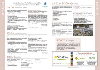 Bulletin municipal d’Orgerus 2017
SYNDICATS
33
Les syndicats et les communautés de communes sont
des Etablissements Publics de Coopération Intercom-
munale (EPCI).
LE SIEED GÈRE
- Les collectes des déchets ménagers, des encom-
brants et déchets verts,
- les déchèteries,
- la fourniture et maintenance des bacs,
- les colonnes à verre.
LE SIDOMPE GÈRE
- L’incinération,
- le tri des déchets.
COLLECTES
Les ordures ménagères et les emballages sont collec-
tés les mercredis matin.
ATTENTION : pour les hameaux les jours diffèrent.
Rue de la Rolanderie et rue de la Clairière les jeudis
matin.
La Poussinière et le Four à Chaux les vendredis matin.
Pour les encombrants, les dates sont les mêmes pour
tous les Orgerussiens.
Les bacs ou conteneurs sont la propriété du SIEED et
mis à la disposition des habitants.
Une charte de mise à disposition est à signer en mairie
lors d’une demande de conteneurs ou d’une répara-
tion de ces derniers.
LES DÉCHÈTERIES
- Garancières (la plus proche) 29 bis rue de la Gare
- Boutigny-Prouais
- Méré
- Houdan
Une carte donnant accès aux déchèteries est disponi-
ble en mairie moyennant un justificatif de domicile.
LES COLONNES À VERRE
Elles sont situées sur le parking rue du Stade Marcel
Cuaz et sur le parking du Simply Market
 Pour plus de renseignements :
consultez le site www.sieed.fr ou
la page fecebook SIEED OuestYvelines
(https://www.facebook.com/p r o f i l e .p h p ?
id=100010822909231&fref=ts)
SIEED et SIDOMPE Déchets
Fin 2016 le SIERO a fusionné avec le SIEPRO, Syndicat voisin de
la région Prouais-Rosay dans le département de l’Eure et Loir.
Cette fusion a donné naissance à un nouveau syndicat SIE-ELY
(Syndicat Intercommunal d’Energies d’Eure-et-Loir et des Yve-
lines). Le nouveau siège sera situé à Marchezais.
SICAE ELY : 33 rue de la Gare - 78910 Tacoignières
Tél. : 01 34 94 68 00.
SICAE ELY Énergies
Bulletin municipal d’Orgerus 2017
SYNDICATS
32
Syndicat Intercommunal de la Région d’Yvelines pour
l’Adduction d’Eau (siège à Béhoust.)
Le SIRYAE gère la production et la distribution d’eau po-
table, l’entretien et le renouvellement des installations.
EN CHIFFRES (2015)
- 49 communes desservies
- 13,5 millions litres d’eau distribués en moyenne par
jour pour 108 000 habitants
- 6 installations de production (stations et forages)
- 11 ouvrages de stockage (châteaux d’eau et réser-
voirs
- 887 km de canalisation
LES ÉLUS
Président : M. PELISSIER (Béhoust)
Vice-présidents : MM. MANSAT (Tacoignières)
et LORINQUER (Garancières)
Délégataire de service : SAUR à Galluis (contrat d’af-
fermage de 12 ans depuis le 1er
janvier 2013).
TRAVAUX EFFECTUÉS À ORGERUS
Pose et mise en service de réducteurs de pression au
monument aux morts et place de la Liberté.
TRAVAUX EN COURS SUR LE SYNDICAT
Traitement du calcaire par décarbonatation (procédé
permettant de baisser le taux de calcaire dans l’eau)
sur les usines de production des Bimes et de Rosay.
Une autre unité de production sur la commune de St
Lubin de La Haye (Syndicat de la Vaucouleurs) sera
également équipée de ce procédé pour une harmoni-
sation de la qualité de l’eau sur le réseau intercon-
necté avec celui du Siryae. Mise en service
prévisionnelle : fin 2017.
Dominique ARTEL
Délégué SIRYAE
 Pour plus d’informations :
voir le site du SIRYAE :www.siryae.fr
SIRYAE Adduction d’eau
Syndicat Intercommunal d’Assainissement de la Ré-
gion d’Orgerus (siège à Orgerus).
Le SIA RO gère la station d’épuration sise à Orgerus
et les réseaux d’eaux usées et pluviales.
EN CHIFFRES (2015)
- 3 communes collectées (Orgerus,Tacoignières, Béhoust)
- 249 600 m3
d’eau traités dont 195 700 m3
assujettis
pour 1 520 clients
- 51 tMS de boues évacuées (incinération)
- 1 station d’épuration sur la commune d’Orgerus
d’une capacité de 6 000 équivalents habitants. La
charge polluante entrante en 2015 représentait
2429 équivalents habitants.
- 8 postes de relèvement
- 60 km de canalisation dont 25 km d’eaux pluviales
et 35 km d’eaux usées.
LES ÉLUS
Président : M. PELISSIER (Béhoust)
Vice-présidents : M.ARTEL (Orgerus) et
M. PIERRE (Tacoignières)
Délégataire de service : SAUR à Galluis (Contrat d’af-
fermage de 12 ans depuis le 1er
janvier 2013).
TRAVAUX SUR LE SYNDICAT
Renouvellement du collecteur principal d’eaux usées
entre Tacoignières et Orgerus (rue du Clos des Bour-
gognes).
Pour les personnes non raccordées à un réseau d’as-
sainissement, il existe un service public d’assainisse-
ment non collectif, le SPANC, qui est de la
compétence de la Communauté de Communes du
Pays Houdanais (CCPH).
Dominique Artel
Délégué SIARO
SIA RO Assainissement
LesSyndicatssontdesEtablissementsPublics
deCoopérationIntercommunale(EPCI)
Syndicat Intercommunal d’Electri-
cité de la Région d’Orgerus.
Le SIERO gère le réseau de distri-
bution d’énergie électrique.
EN CHIFFRES (2016)
- 24 communes membres
ÉLUS
Président : M.TONDU (Maulette)
Vice-présidents :
M. BOUTON (Arnouville les Mantes),
M. LECLERC (Osmoy),
M.TETART (Houdan)
SIÈGE SOCIAL
Mairie de Maulette
78550 Maulette
Email : siero@orange.fr
SIERO Électricité
 