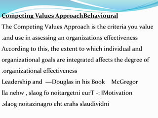 Competing Values ApproachBehavioural
The Competing Values Approach is the criteria you value
and use in assessing an organizations effectiveness.
According to this, the extent to which individual and
organizational goals are integrated affects the degree of
organizational effectiveness.
McGregorDouglas in his Book―Leadership and
Motivation‖:-lla nehw , slaog fo noitargetni eurT
eht erahs slaudividnislaog noitazinagro.
 
