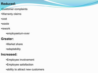 Reduced:
•Customer complaints
•Warranty claims
•cost
•waste
•rework
•employeeturn-over
Greater:
•Market share
•adaptability
Increased:
•Employee involvement
•Employee satisfaction
•ability to attract new customers
 