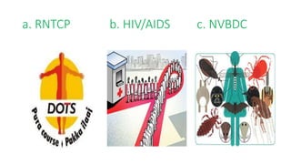 a. RNTCP b. HIV/AIDS c. NVBDC
 
